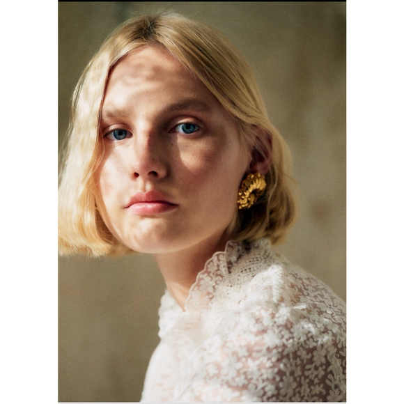 Sezane Amal Lace Sheer Mock Neck Blouse Size 38 Ecru Elegant Feminine Romantic - Picture 3 of 12